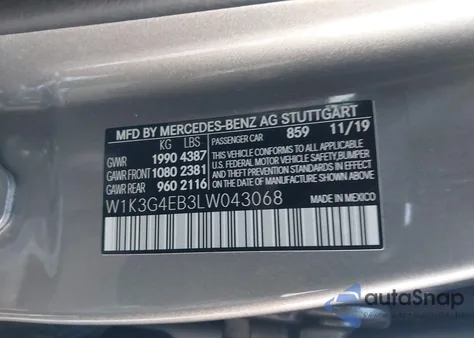 2020 Mercedes-Benz A 220 из США, поврежденный, VIN W1K3G4EB3LW043068